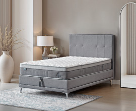 Boxspring postelja 4Sesons, Komplet z dvižnim dnom, predalom in vzmetnico 120x200 , Barva siva tkanina