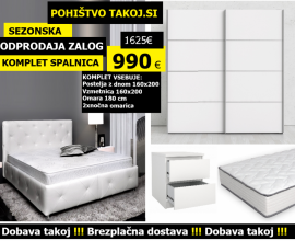 KOMPLET spalnica FIJI 160x200 Z DNOM in VZMETNICO, Omara 180 cm, Barva bela, drsna