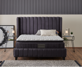 Boxspring postelja Amsterdam, Komplet z dvižnim dnom, predalom in vzmetnico 180x200 , Barva siva
