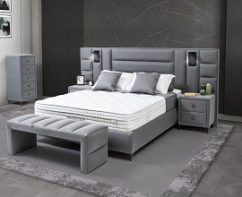 Boxspring KOMPLET Z VZMETNICO in NOČNIMA OMARICAMA Postelja Dion 180X200 cm Barva siva, po naročilu