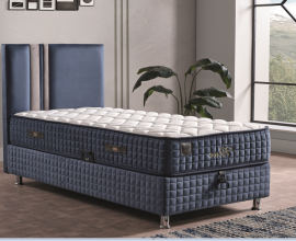 Boxspring postelja Libra, Komplet z dvižnim dnom, predalom in vzmetnico 90x200 , Barva modra, siva mikrotkanina, po naročilu