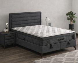 Boxspring Postelja Casaletto, Komplet z dvižnim dnom, predalom in vzmetnico 140x200 , Barva temno siva tkanina