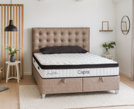 Boxspring Posteja Crystal, Komplet z dvižnim dnom, predalom in vzmetnico 180x200 , Barva rjava, tkanina