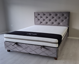 Boxspring postelja Havana, Komplet z dvižnim dnom, predalom in vzmetnico 200x200 , Barva siva, po naročilu