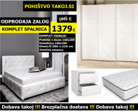 KOMPLET spalnica FIJI 160x200 Z DNOM in VZMETNICO, Omara 277 cm, Barva bela, drsna