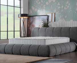 Boxspring postelja Grande Komplet z dvižnim dnom, predalom in vzmetnico 180x200 , Barva siva, po naročilu