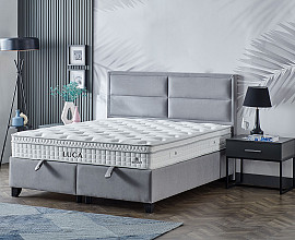 Boxspring postelja Havana, Komplet z dvižnim dnom, predalom in vzmetnico 120x200 , Barva siva, po naročilu