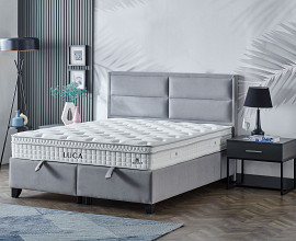 Boxspring postelja Havana, Komplet z dvižnim dnom, predalom in vzmetnico 140x200 , Barva siva mikrotkanina, po naročilu