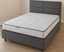 Boxspring postelja Havana, Komplet z dvižnim dnom, predalom in vzmetnico 160x200 , Barva temno siva tkanina, po naročilu