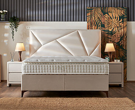 Boxspring postelja Linea, Komplet z dvižnim dnom, predalom in vzmetnico 140x200 , Barva bež