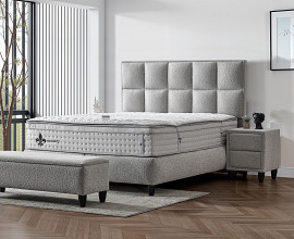 Boxspring Postelja Magic, Komplet z dvižnim dnom, predalom in vzmetnico 180x200 , Barva sveto siva tkanina