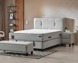 Boxspring Postelja Melbourne, Komplet z dvižnim dnom, predalom in vzmetnico 180x200 , Barva svetlo siva tkanina