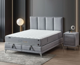 Boxspring postelja Montebello, Komplet z dvižnim dnom, predalom in vzmetnico 160x200 , Barva siva, po naročilu