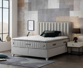 Boxspring postelja Nicca, Komplet z dvižnim dnom, predalom in vzmetnico 200x200 , Barva siva, po naročilu
