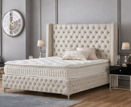 Boxspring postelja Pandora, Komplet z dvižnim dnom, predalom in vzmetnico 140x200 , Barva bež