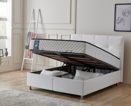 Boxspring postelja Perla, Komplet z dvižnim dnom, predalom in vzmetnico 90x200 , Barva bela