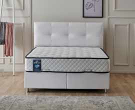 Boxspring postelja Perla, Komplet z dvižnim dnom, predalom in vzmetnico 180x200, Barva bela
