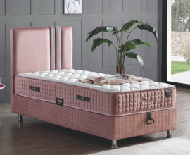 Boxspring postelja Libra, Komplet z dvižnim dnom, predalom in vzmetnico 90x200 , Barva roza, mikrotkanina, po naročilu