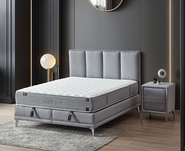 Boxspring postelja Montebello, Komplet z dvižnim dnom, predalom in vzmetnico 180x200 , Barva siva