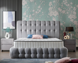 Boxspring postelja Pouf Komplet z dvižnim dnom, predalom in vzmetnico 180x200 , Barva siva, po naročilu