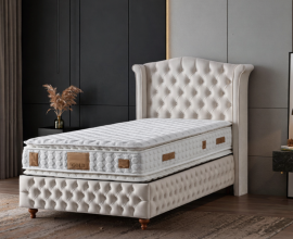 Boxspring postelja Royal, Komplet z dvižnim dnom, predalom in vzmetnico 90x200 , Barva bež, po naročilu