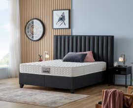 Boxspring postelja Style, Komplet z dvižnim dnom, predalom in vzmetnico 200x200 , Barva siva, po naročilu