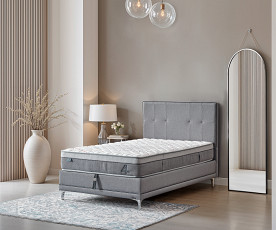 Boxspring postelja 4Sesons, Komplet z dvižnim dnom, predalom in vzmetnico 120x200 , Barva siva tkanina