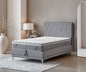 Boxspring postelja 4Sesons, Komplet z dvižnim dnom, predalom in vzmetnico 120x200 , Barva siva tkanina