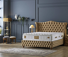 Boxspring postelja Royal, Komplet z dvižnim dnom, predalom in vzmetnico 140x200 , Barva zlata