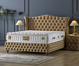 Boxspring postelja Royal, Komplet z dvižnim dnom, predalom in vzmetnico 140x200 , Barva zlata