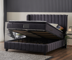 Boxspring postelja Amsterdam, Komplet z dvižnim dnom, predalom in vzmetnico 160x200 , Barva siva