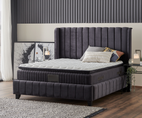 Boxspring postelja Amsterdam, Komplet z dvižnim dnom, predalom in vzmetnico 160x200 , Barva siva