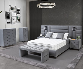 Boxspring KOMPLET Z VZMETNICO in NOČNIMA OMARICAMA Postelja Dion 180X200 cm Barva siva, po naročilu