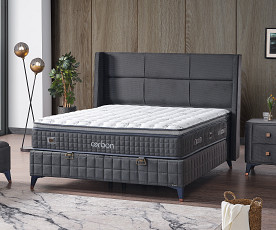 Boxspring postelja Carbon, Komplet z dvižnim dnom, predalom in vzmetnico 160x200 , Barva siva tkanina