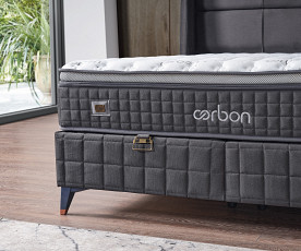 Boxspring postelja Carbon, Komplet z dvižnim dnom, predalom in vzmetnico 160x200 , Barva siva tkanina