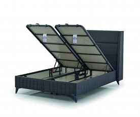 Boxspring postelja Carbon, Komplet z dvižnim dnom, predalom in vzmetnico 160x200 , Barva siva tkanina
