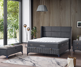 Boxspring postelja Carbon, Komplet z dvižnim dnom, predalom in vzmetnico 160x200 , Barva siva tkanina