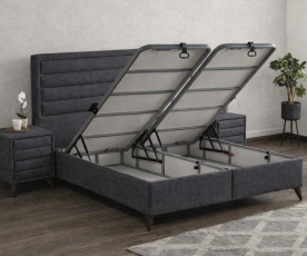 Boxspring Postelja Casaletto, Komplet z dvižnim dnom, predalom in vzmetnico 140x200 , Barva temno siva tkanina