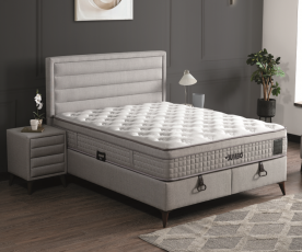 Boxspring Postelja Casaletto, Komplet z dvižnim dnom, predalom in vzmetnico 140x200 , Barva sveto siva tkanina, po naročilu