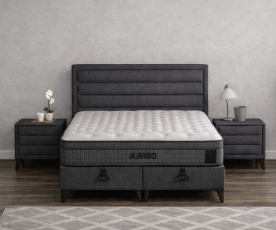 Boxspring Postelja Casaletto, Komplet z dvižnim dnom, predalom in vzmetnico 140x200 , Barva temno siva tkanina