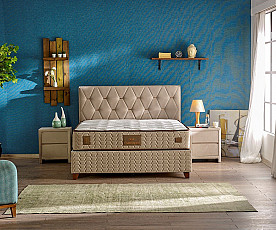 BOXSPRING KOMPLET: Postelja Cashmere 180x200 z dvižnim dnom, predalom in vzmetnico, Barva bež