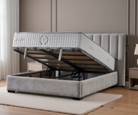 Boxspring postelja Celine, Komplet z dvižnim dnom, predalom in vzmetnico 180x200 , Barva siva