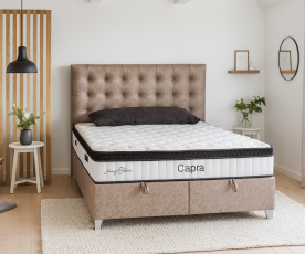 Boxspring Posteja Crystal, Komplet z dvižnim dnom, predalom in vzmetnico 180x200 , Barva rjava, tkanina