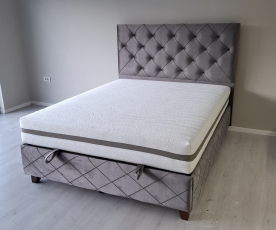 Boxspring postelja Dali, Komplet z dvižnim dnom, predalom in vzmetnico 140x200 , Barva siva