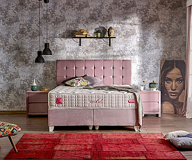 Boxspring postelja Emily, Komplet z dvižnim dnom, predalom in vzmetnico 180x200 , Barva roza