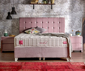Boxspring postelja Emily, Komplet z dvižnim dnom, predalom in vzmetnico 180x200 , Barva roza