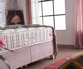 Boxspring postelja Emily, Komplet z dvižnim dnom, predalom in vzmetnico 180x200 , Barva roza