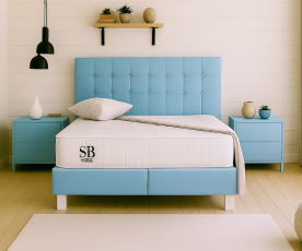 Boxspring postelja Emily, Komplet z dvižnim dnom, predalom in vzmetnico 140x200 , Barva svetlo modra, po naročilu