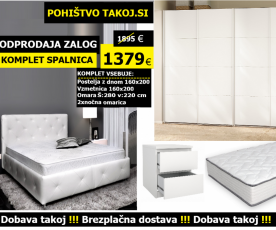 KOMPLET spalnica FIJI 160x200 Z DNOM in VZMETNICO, Omara 277 cm, Barva bela, drsna
