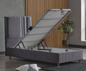 Boxspring postelja Libra, Komplet z dvižnim dnom, predalom in vzmetnico 90x200 , Barva modra, siva mikrotkanina, po naročilu